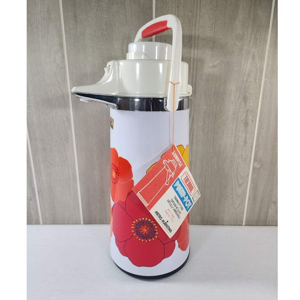 Sunrise Thermal Pump-Pot Vintage Thermos Pitcher 1.9L Floral Poppy White Red